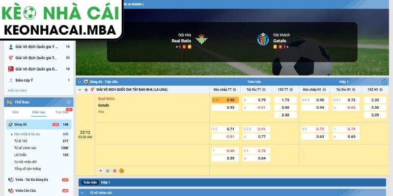 Soi Kèo Real Betis Vs Getafe (03:00 22/12, La Liga) 3 Kèo châu Á trận Real Betis vs Getafe (03:00 22/12, La Liga)